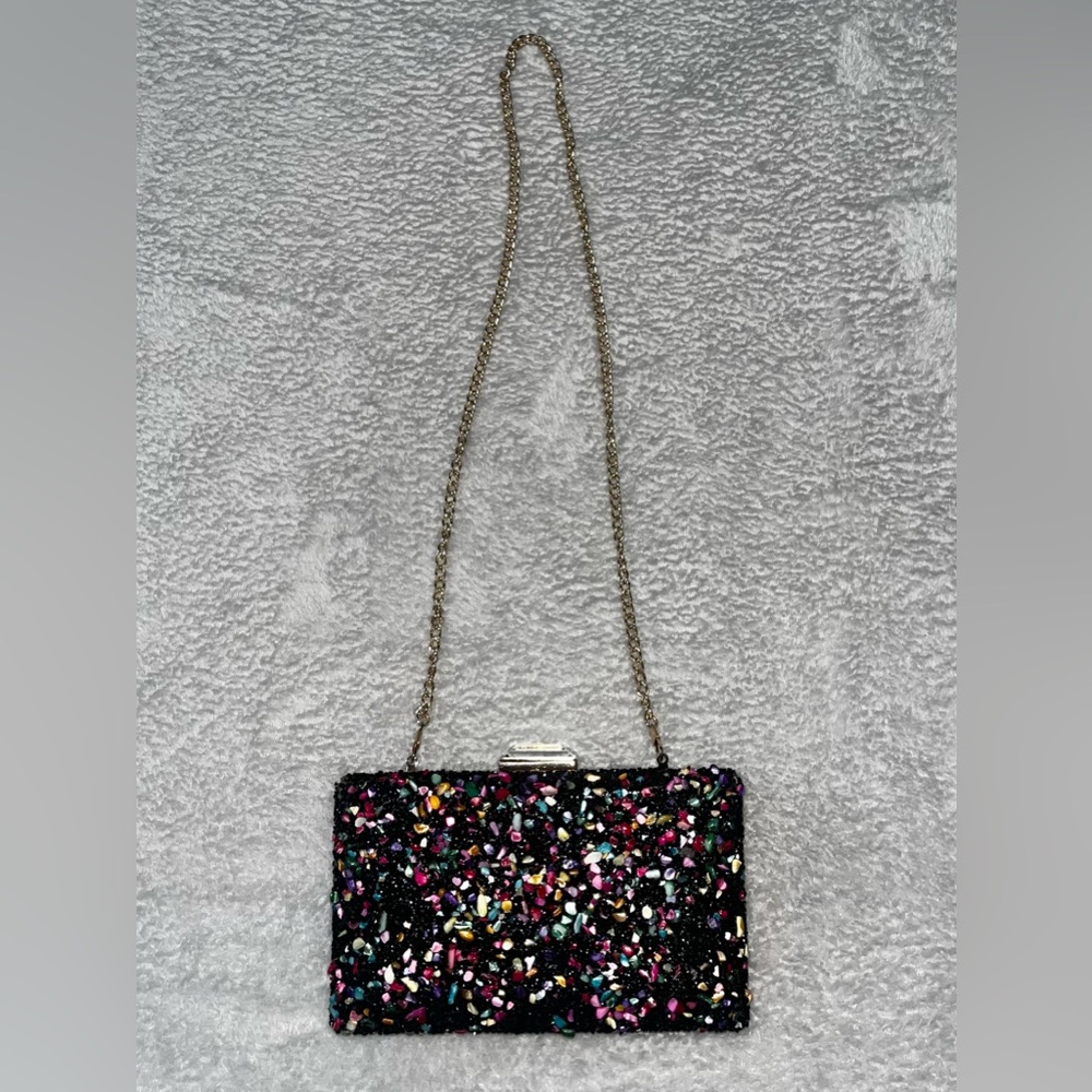 Nina Clutch Black Multi-Color Pebble Rhinestone Gold Chain Prom Party Evening